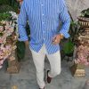 Cămașă de bărbați, Slim Fit, albastru cu dungi albe - CR160