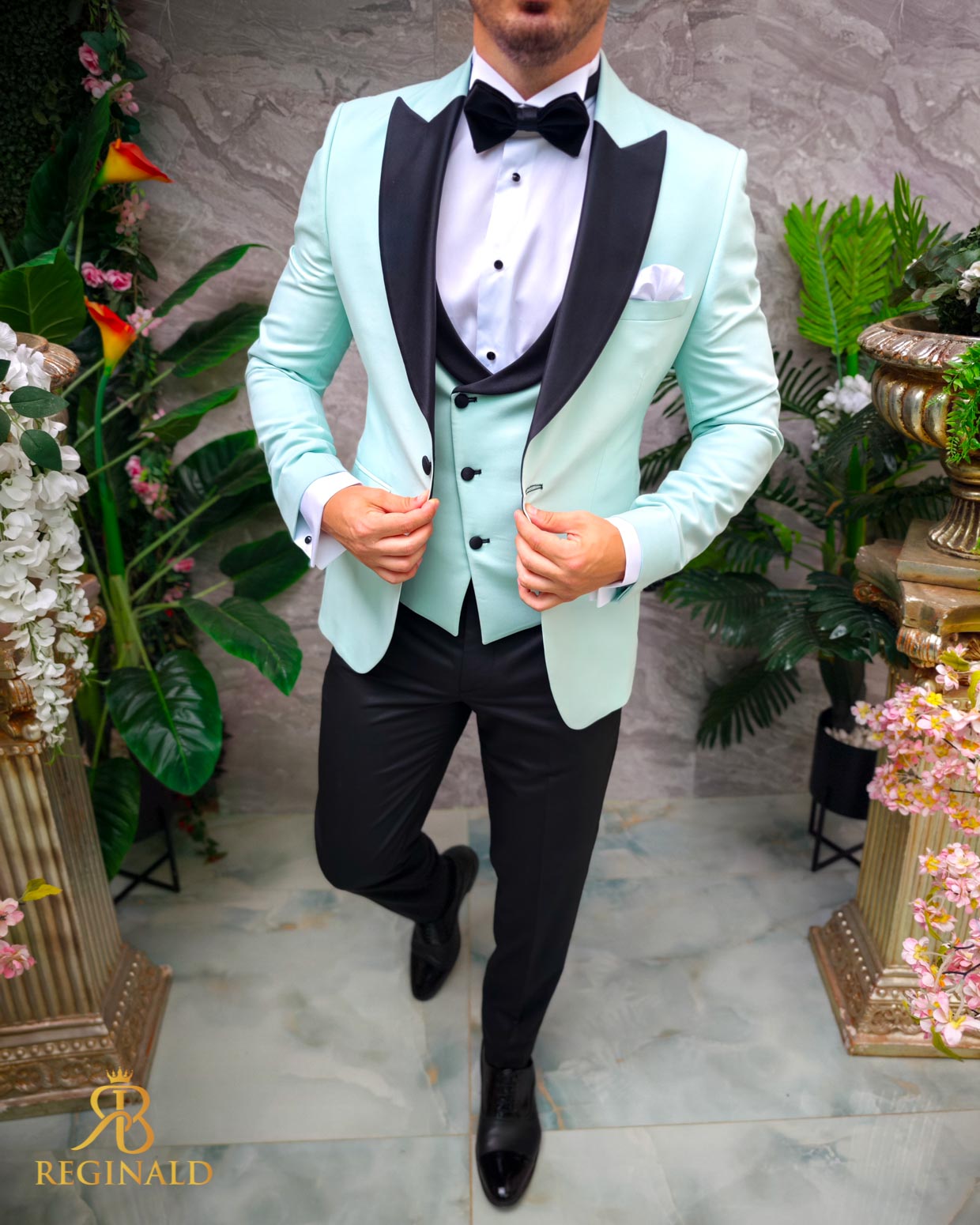 Costum Verde Menta NAS/MIRE, Sacou, Vesta, Pantalon, Papion- C4834 - imagine 2