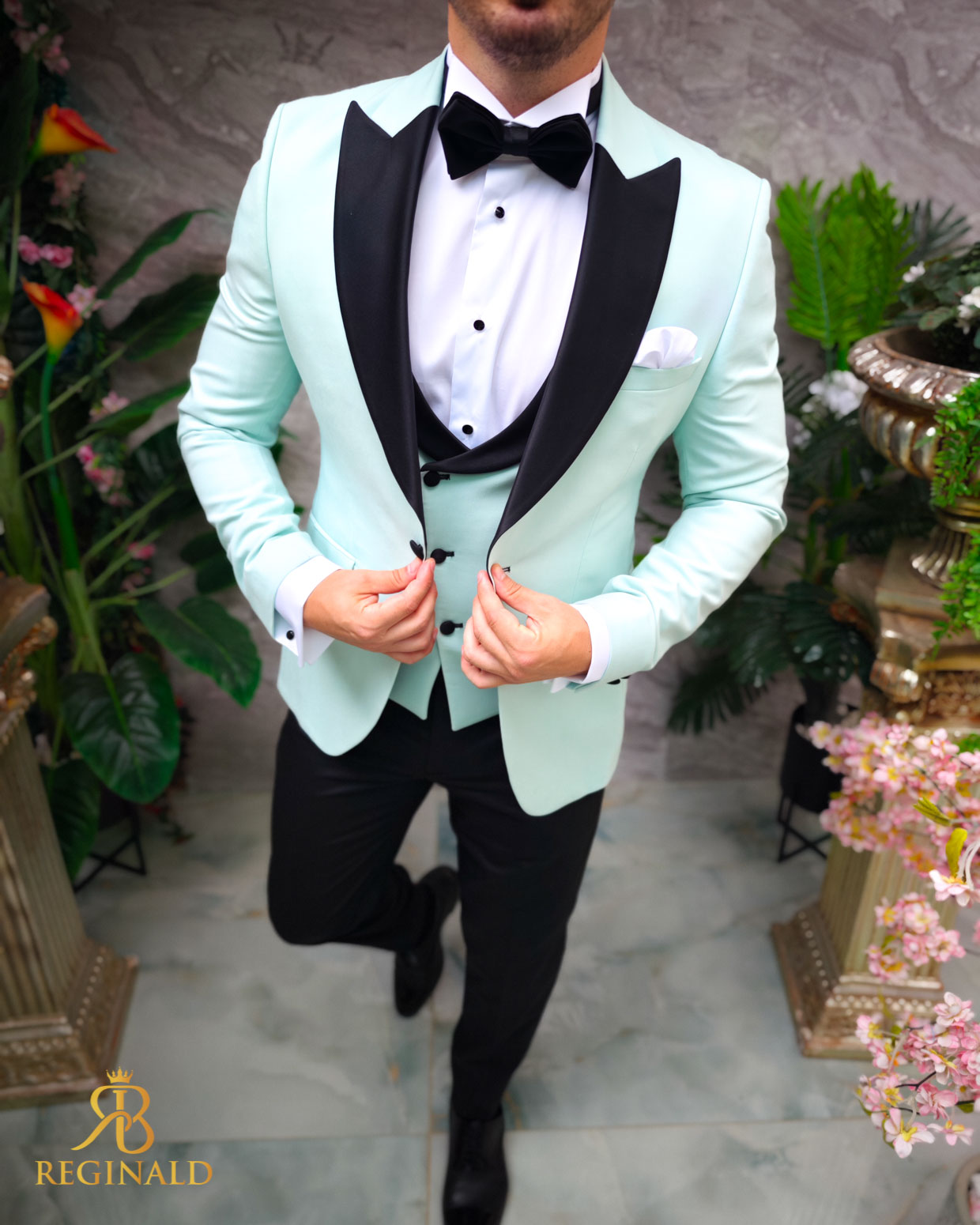 Costum Verde Menta NAS/MIRE, Sacou, Vesta, Pantalon, Papion- C4834 - imagine 3