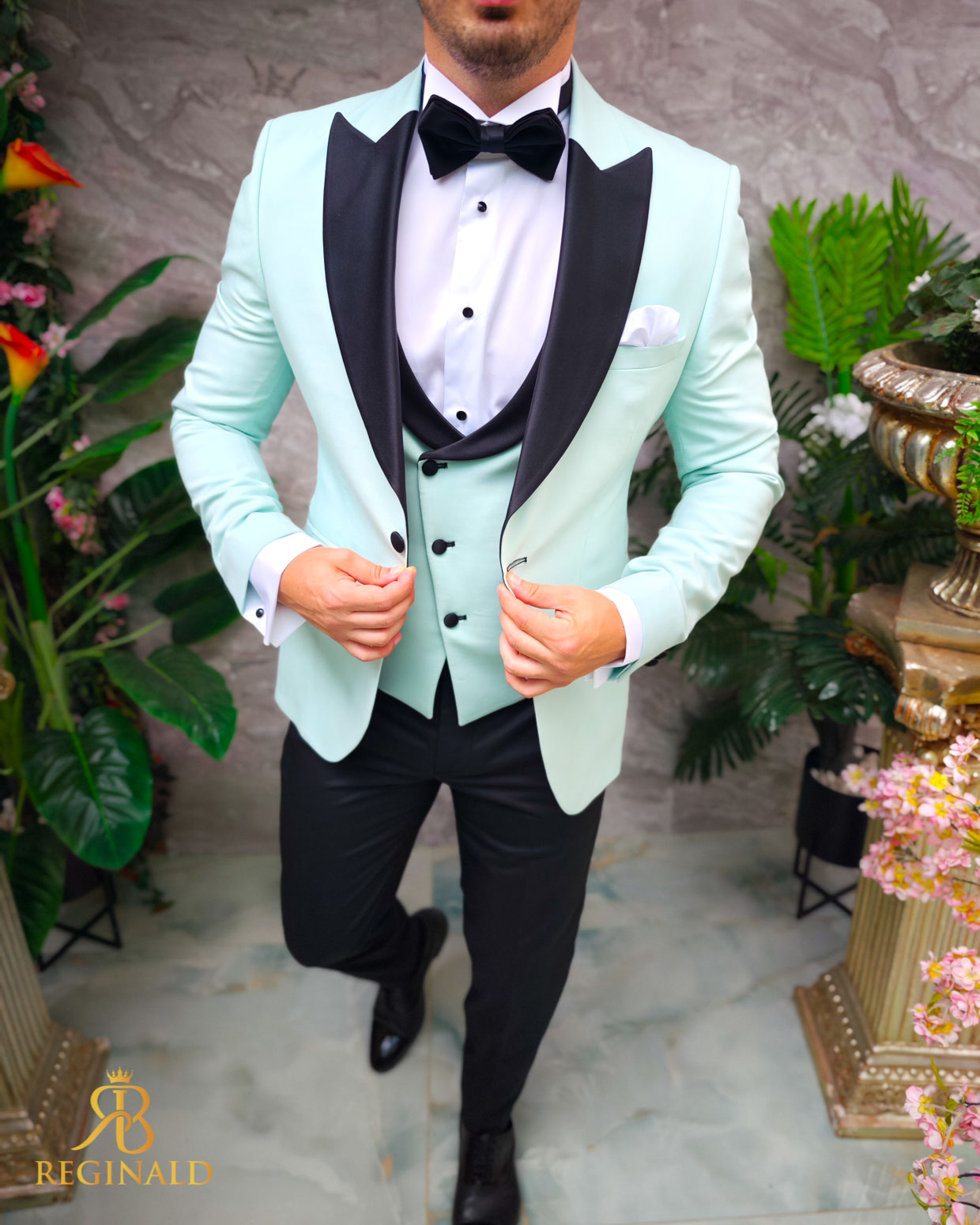 Costum Verde Menta NAS/MIRE, Sacou, Vesta, Pantalon, Papion- C4834 - imagine 7