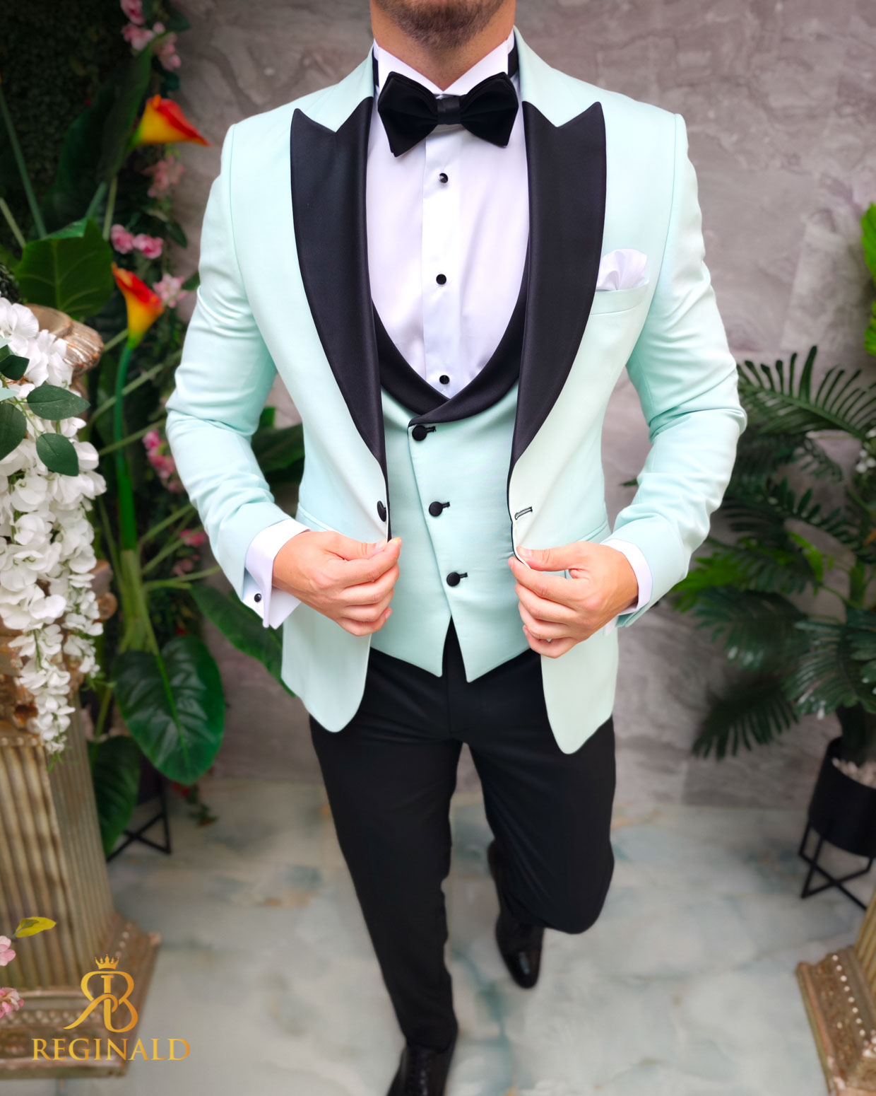 Costum Verde Menta NAS/MIRE, Sacou, Vesta, Pantalon, Papion- C4834