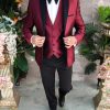 Costum burgundy/negru NAS/MIRE, Sacou, Pantalon, Vesta, Papion- C4956