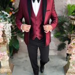 Costum burgundy/negru NAS/MIRE, Sacou, Pantalon, Vesta, Papion- C4956