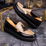 Mocasines informales para hombre, negros lacados con purpurina, suela alta ultraligera – AD702