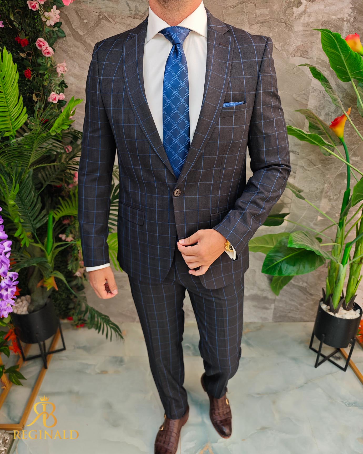 Costum de barbati, gri inchis cu carouri, Slim-Fit, Sacou si Pantalon - C5040