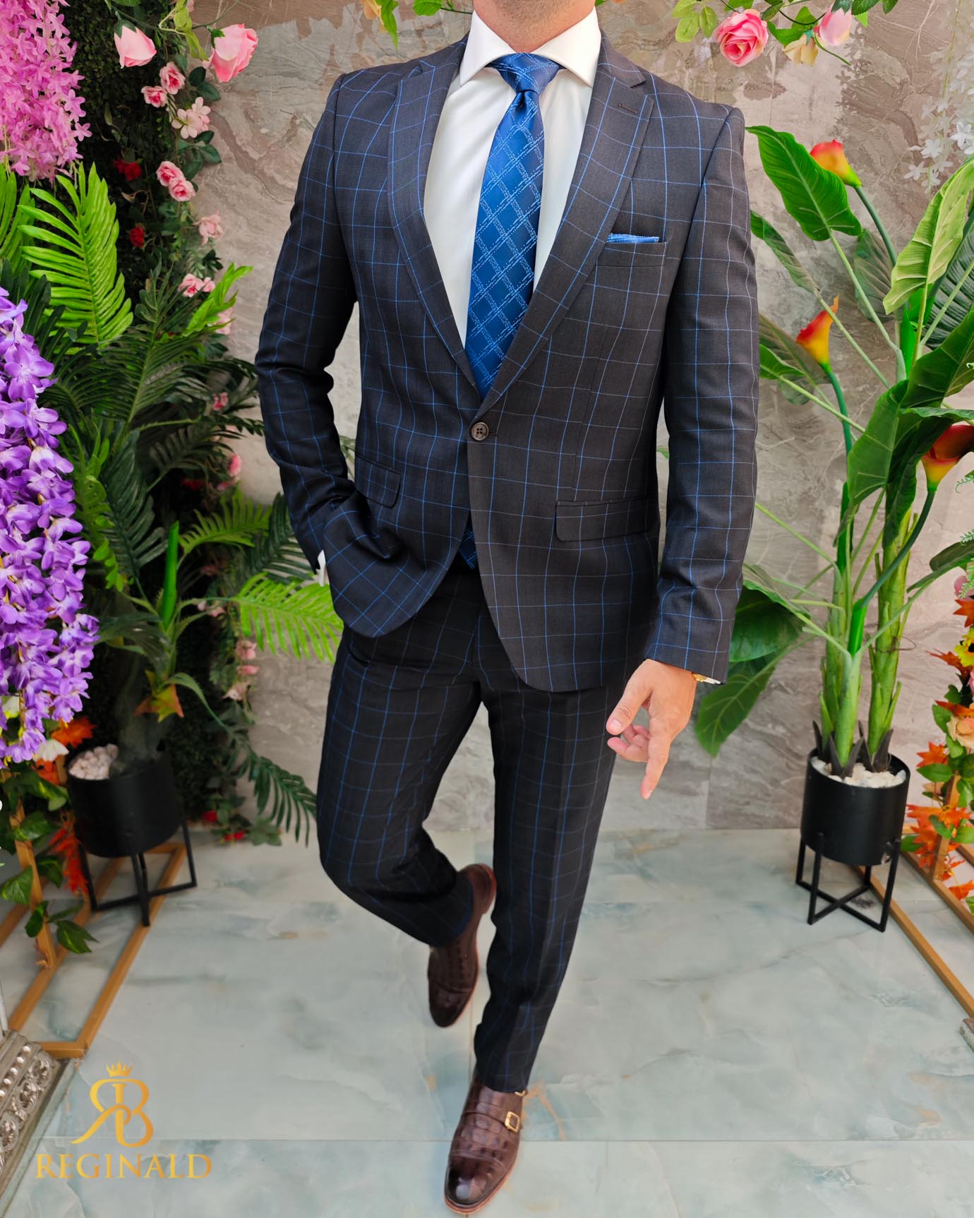 Costum de barbati, gri inchis cu carouri, Slim-Fit, Sacou si Pantalon - C5040 - imagine 2