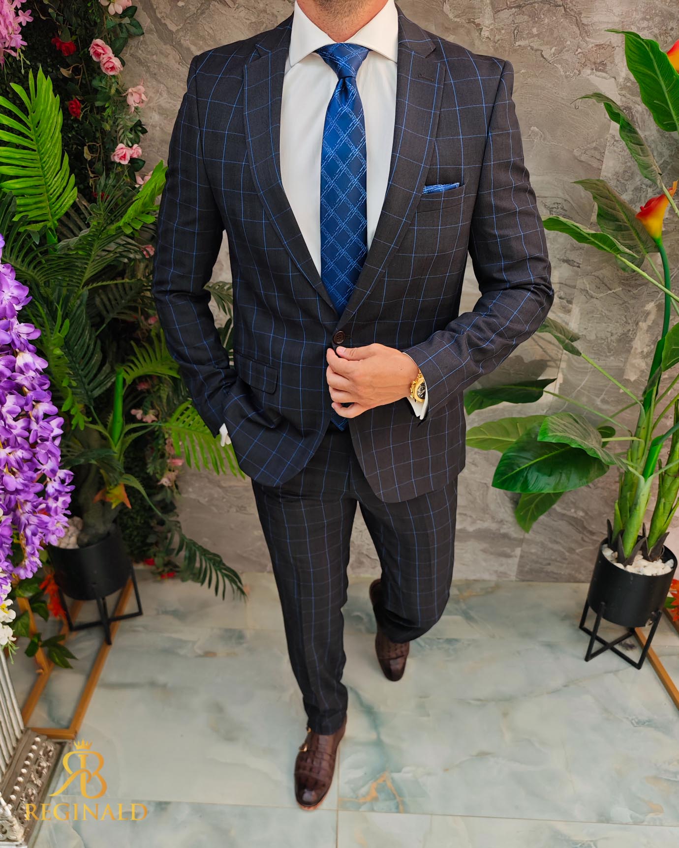 Costum de barbati, gri inchis cu carouri, Slim-Fit, Sacou si Pantalon - C5040 - imagine 3