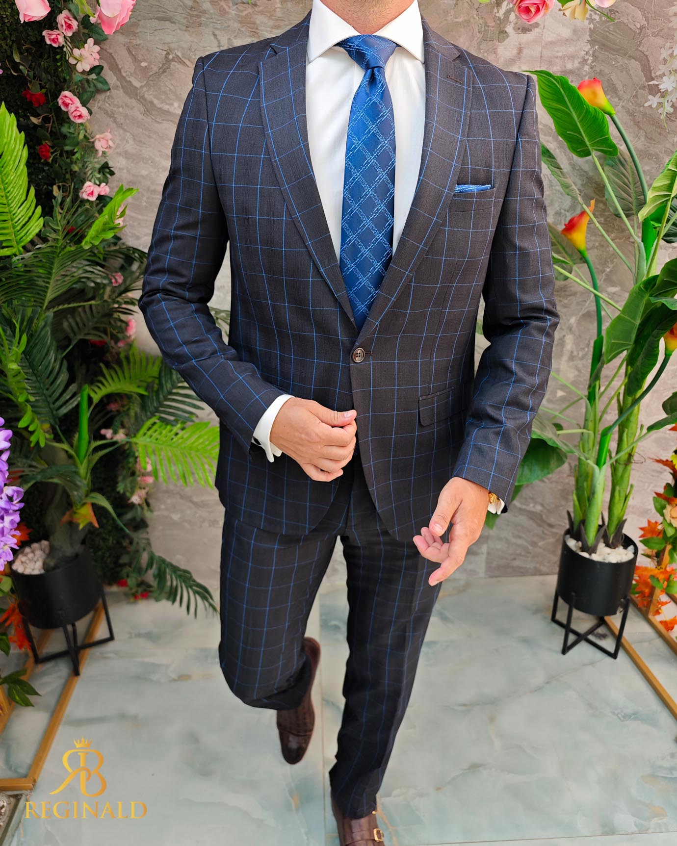 Costum de barbati, gri inchis cu carouri, Slim-Fit, Sacou si Pantalon - C5040 - imagine 4