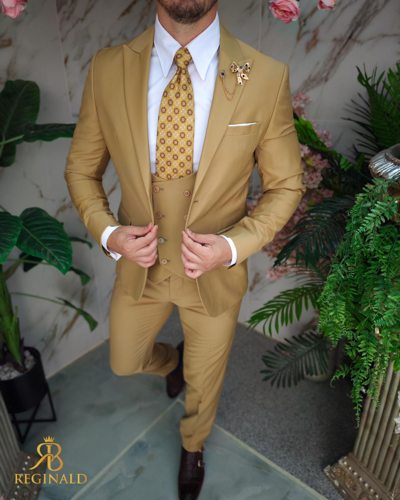 Costum de bărbați, Galben muștar, Sacou, Vesta si Pantalon - C3888 - imagine 2