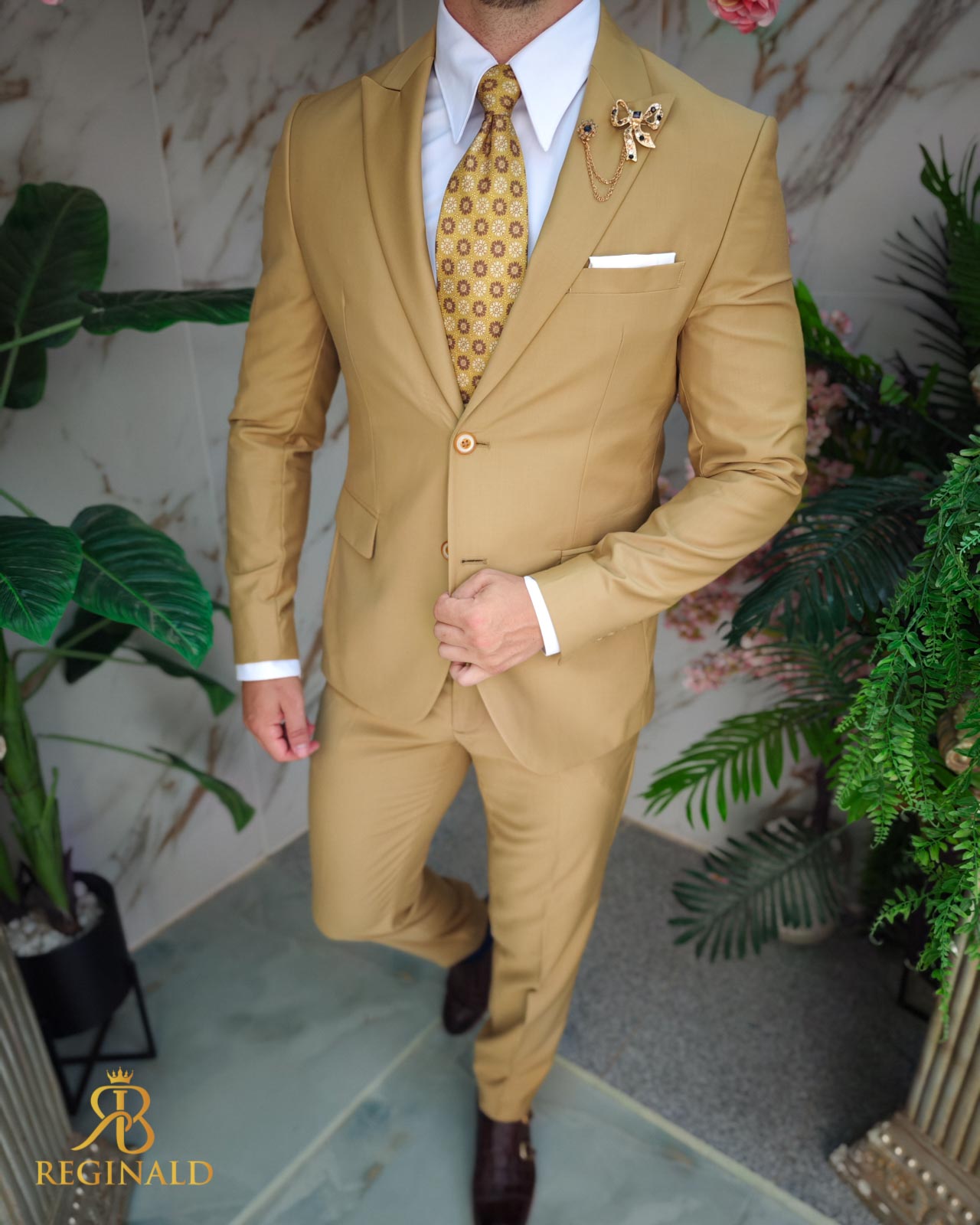 Costum de bărbați, Galben muștar, Sacou, Vesta si Pantalon - C3888 - imagine 3