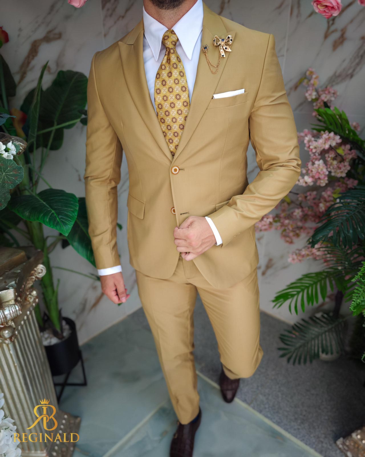 Costum de bărbați, Galben muștar, Sacou, Vesta si Pantalon - C3888 - imagine 4