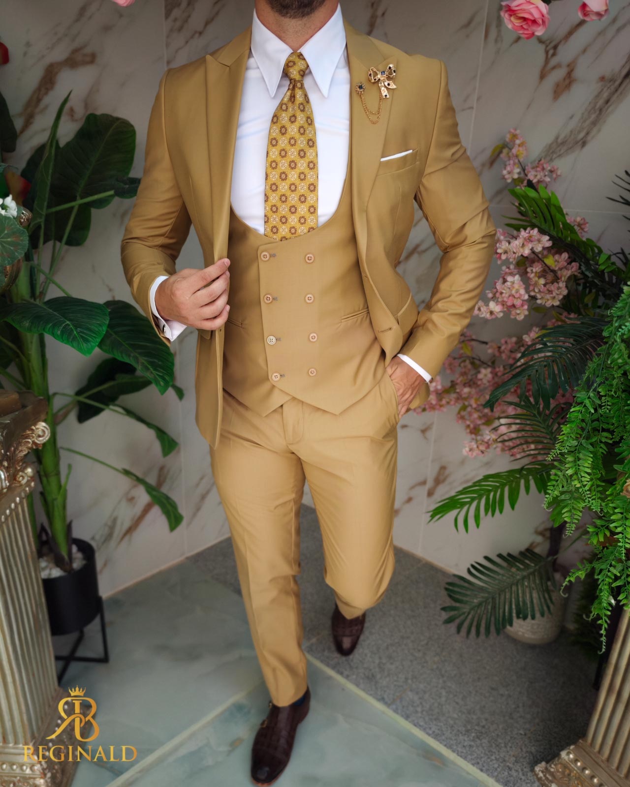 Costum de bărbați, Galben muștar, Sacou, Vesta si Pantalon - C3888 - imagine 7