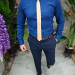 Cămașă albastra cu model, de bărbați, guler cu nasturi - CR115