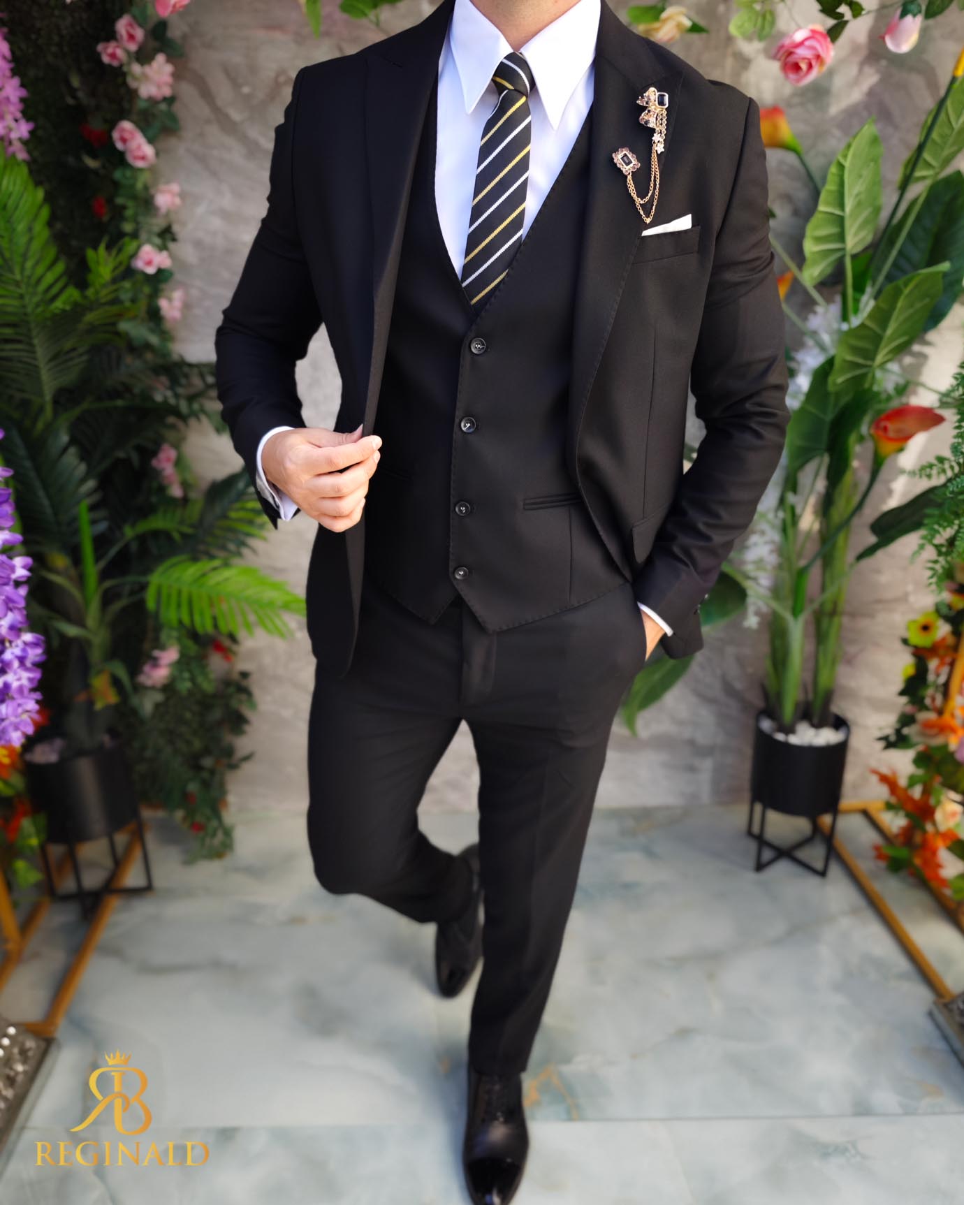 Costum de bărbați, Negru: Sacou, Vesta si Pantalon - C5069 - imagine 2