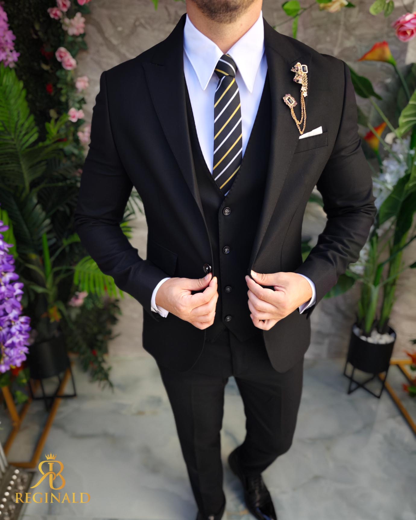 Costum de bărbați, Negru: Sacou, Vesta si Pantalon - C5069 - imagine 4