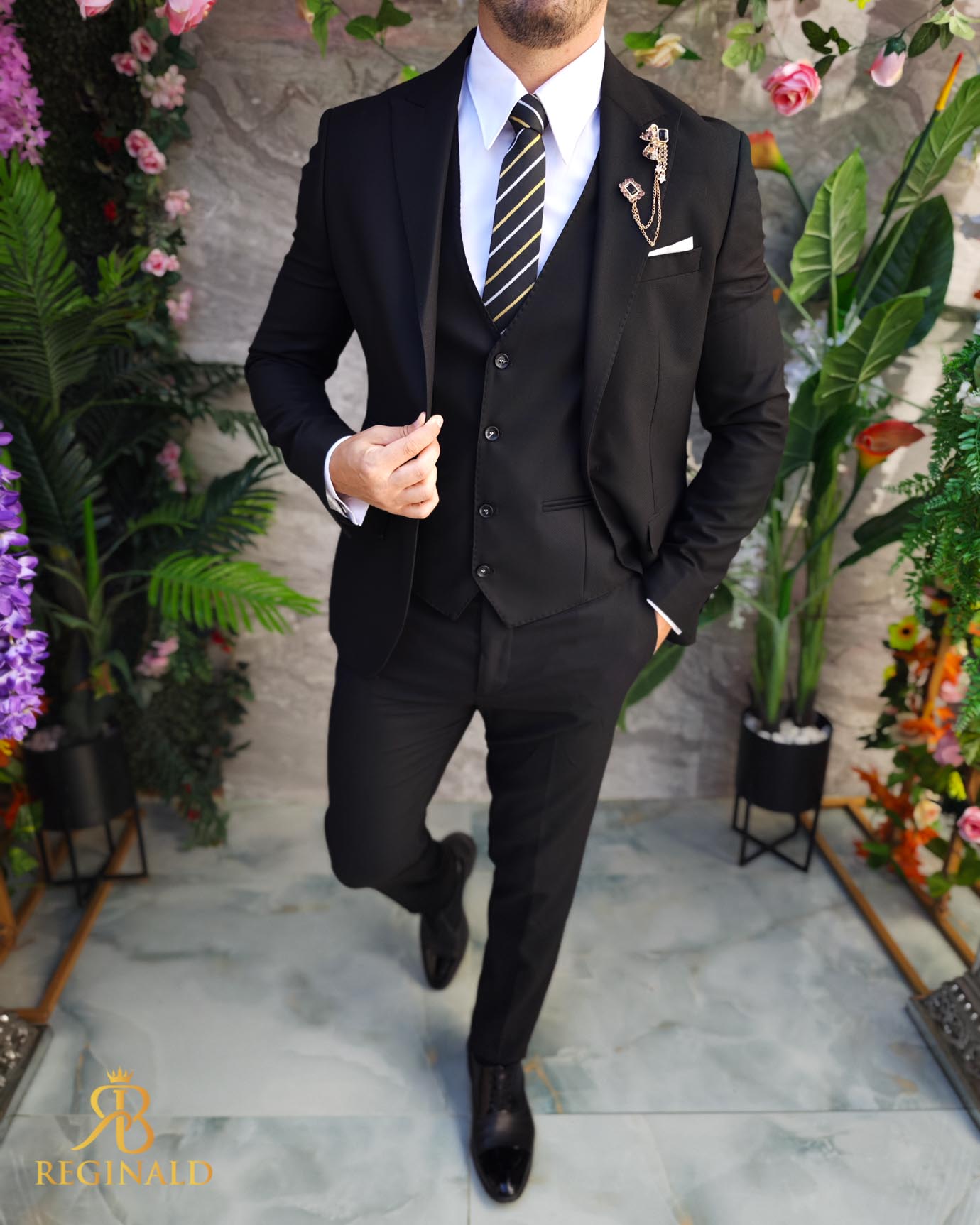 Costum de bărbați, Negru: Sacou, Vesta si Pantalon - C5069 - imagine 5