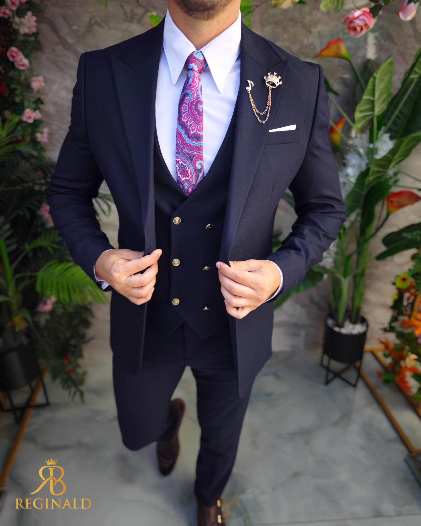 Costum de bărbați, Bleumarin: Sacou, Vesta si Pantalon - C5070 - imagine 3