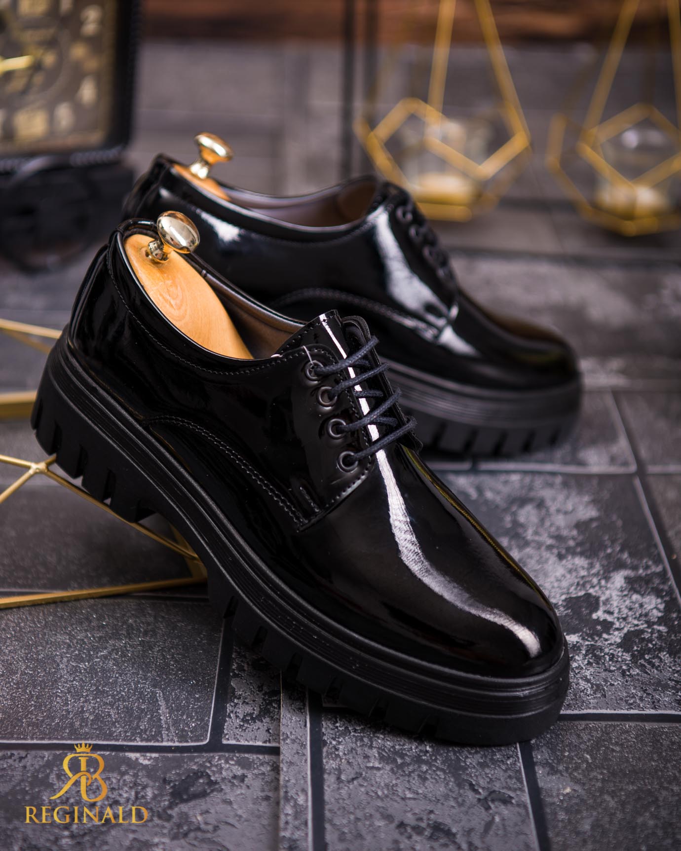 Mocasini de barbati casual, negri lăcuiți, cu șiret, talpa inalta ultra-usoara – AD724 - imagine 4