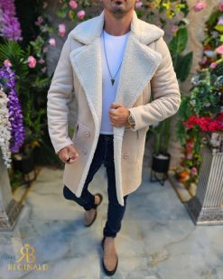 Cojoc bej lung de barbati, interior imblanit complet, slim-fit - CJ036