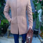Palton de bărbați, Slim Fit, Crem, cu nasturi si guler textil - PT491