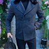 Palton de bărbați, Slim Fit, Gri, blana la guler - PT487