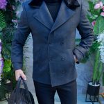 Palton de bărbați, Slim Fit, Gri, blana la guler - PT487