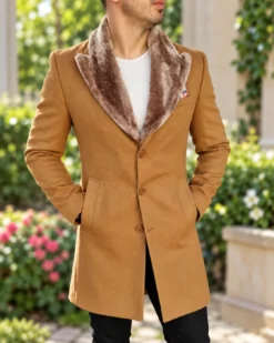 Cappotto da uomo marrone, lungo, dal taglio slim-fit - PT391