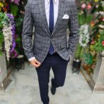 Chaqueta gris con cuadros azules para hombre, corte ajustado - SC1001