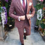 Costume pour homme, à carreaux bordeaux : veste, gilet et pantalon - C5140