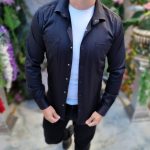 Cămașă neagra de bărbați, cu capse, Slim-Fit- CR179