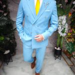 Costum de barbati Bleu in dungi, nasturi aurii: Sacou si Pantalon - C5131