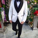 Traje blanco/negro NAS/MIRE, chaqueta, chaleco, pantalón y pajarita - C5157