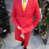 Costum de barbati Rosu-Zmeura, elastic, cu butoni aurii : Sacou si Pantalon - C5149