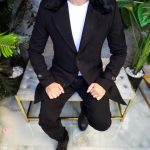 Men's coat, Slim Fit, Black with detachable fur collar - PT448