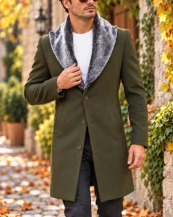 Cappotto verde da uomo, lungo, con collo in pelliccia - PT496