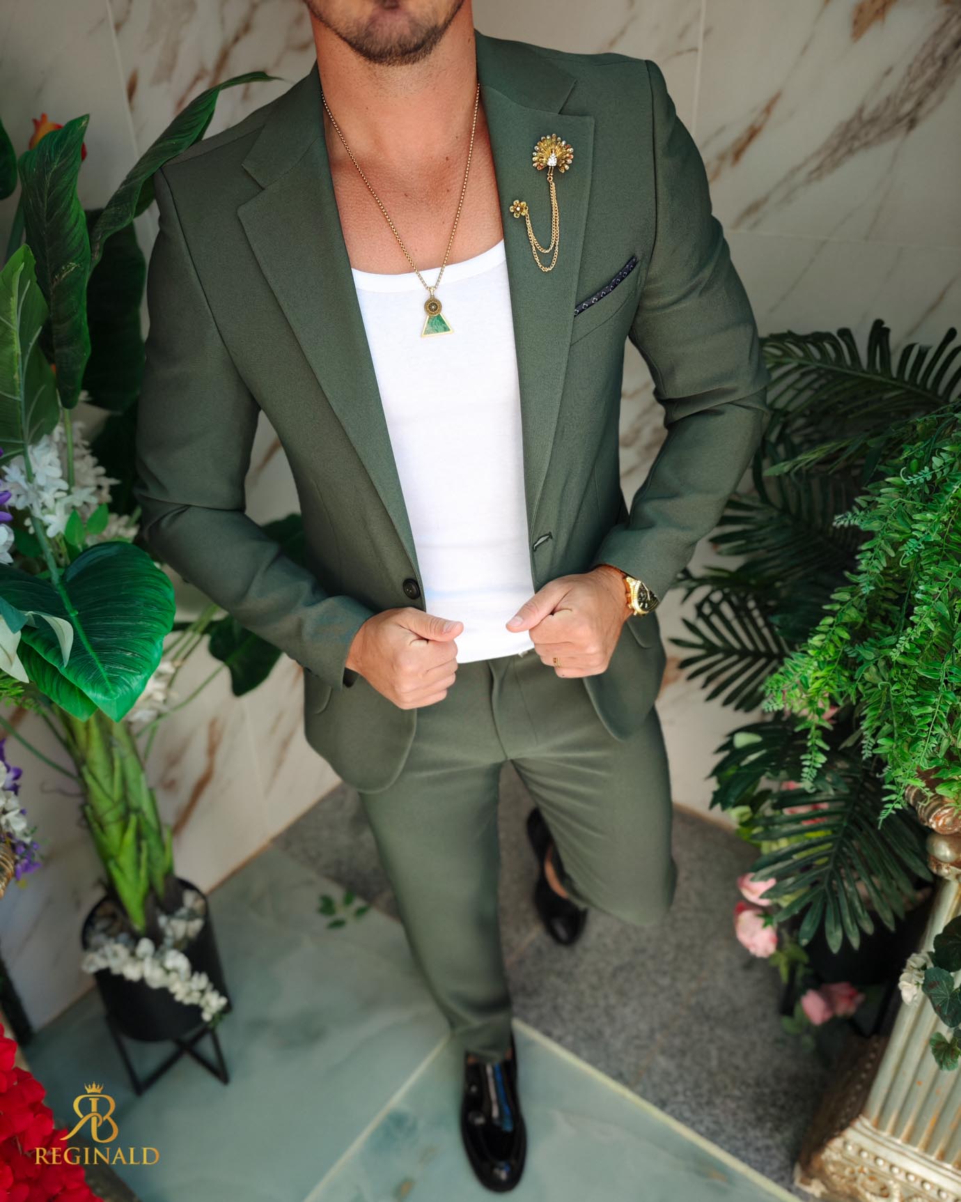 Costum de bărbați, Verde, elastic: Sacou si Pantalon cu snur - C5212