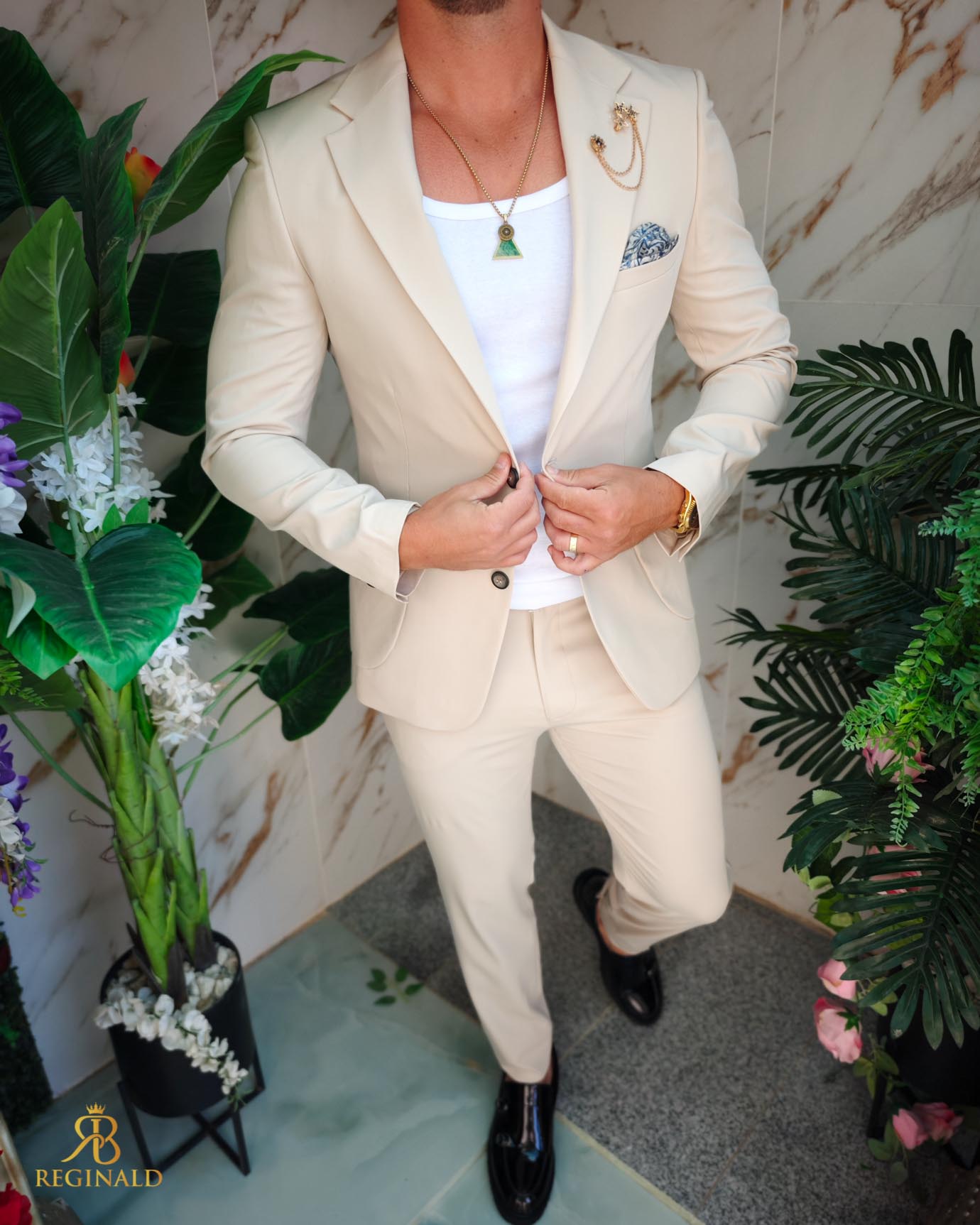 Costum de bărbați, Bej, elastic: Sacou si Pantalon cu snur - C5213