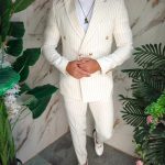 Costume pour homme, blanc ivoire à rayures noires : veste et pantalon - C5214