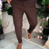 Pantaloni eleganti maro, elastici, Slim-Fit, croiala conica– PN843