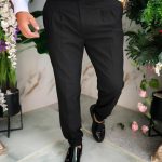Pantaloni eleganti negri cu pense, elastici, Slim-Fit, croiala conica– PN845