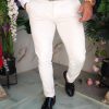 Pantaloni eleganti albi-ivoire, elastici, Slim-Fit, croiala conica– PN853