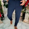 Pantaloni eleganti albastri, elastici, Slim-Fit, croiala conica– PN856