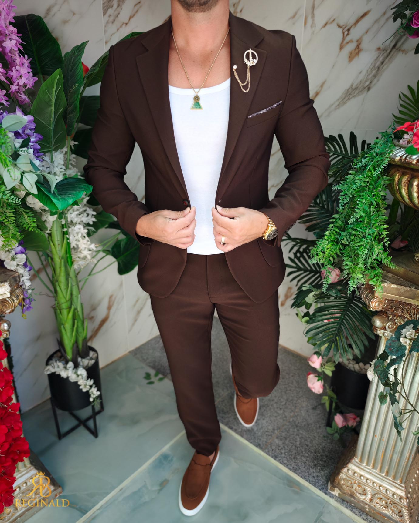 Costum de bărbați, Maro, elastic: Sacou si Pantalon cu snur - C5211 - imagine 3