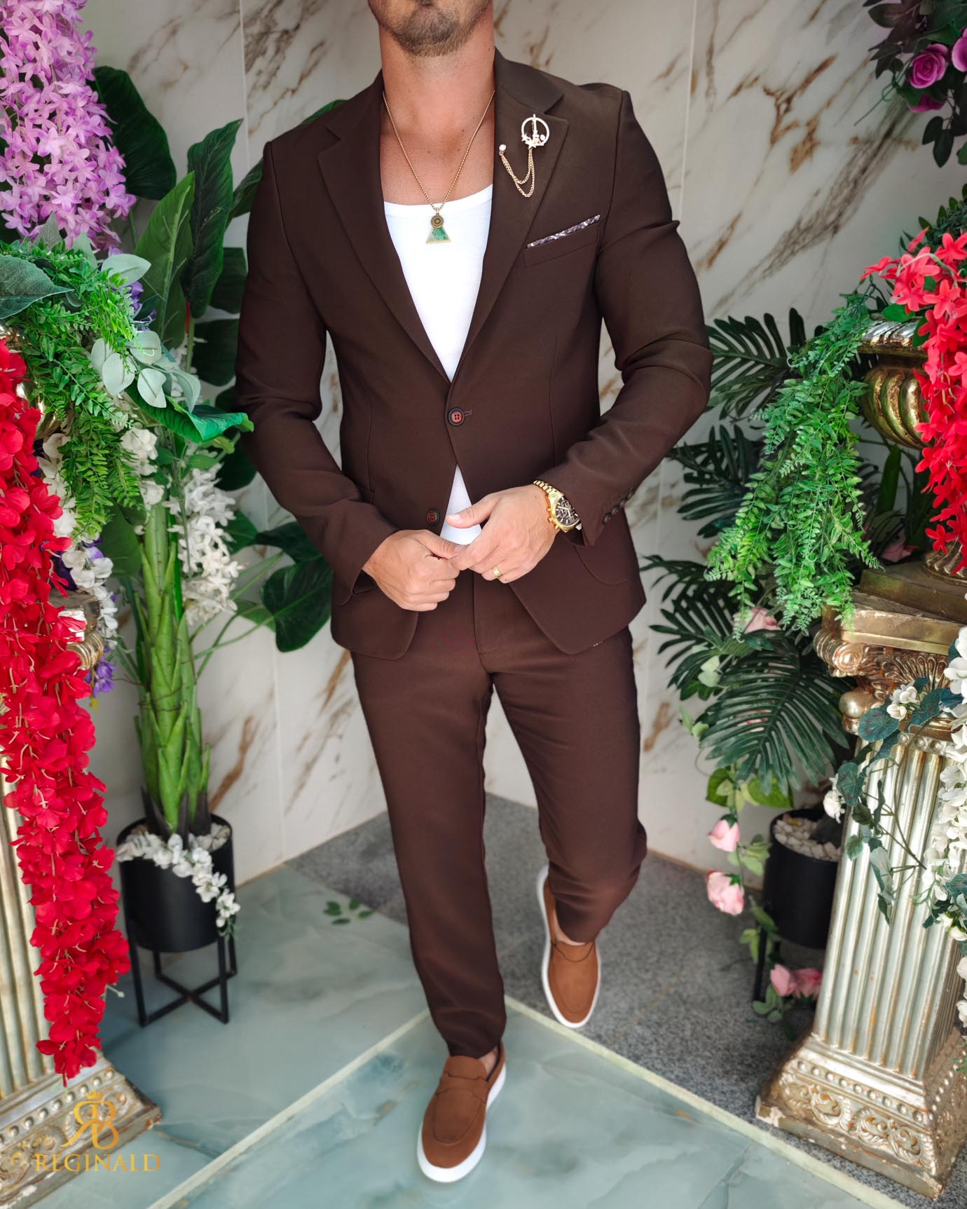 Costum de bărbați, Maro, elastic: Sacou si Pantalon cu snur - C5211 - imagine 2