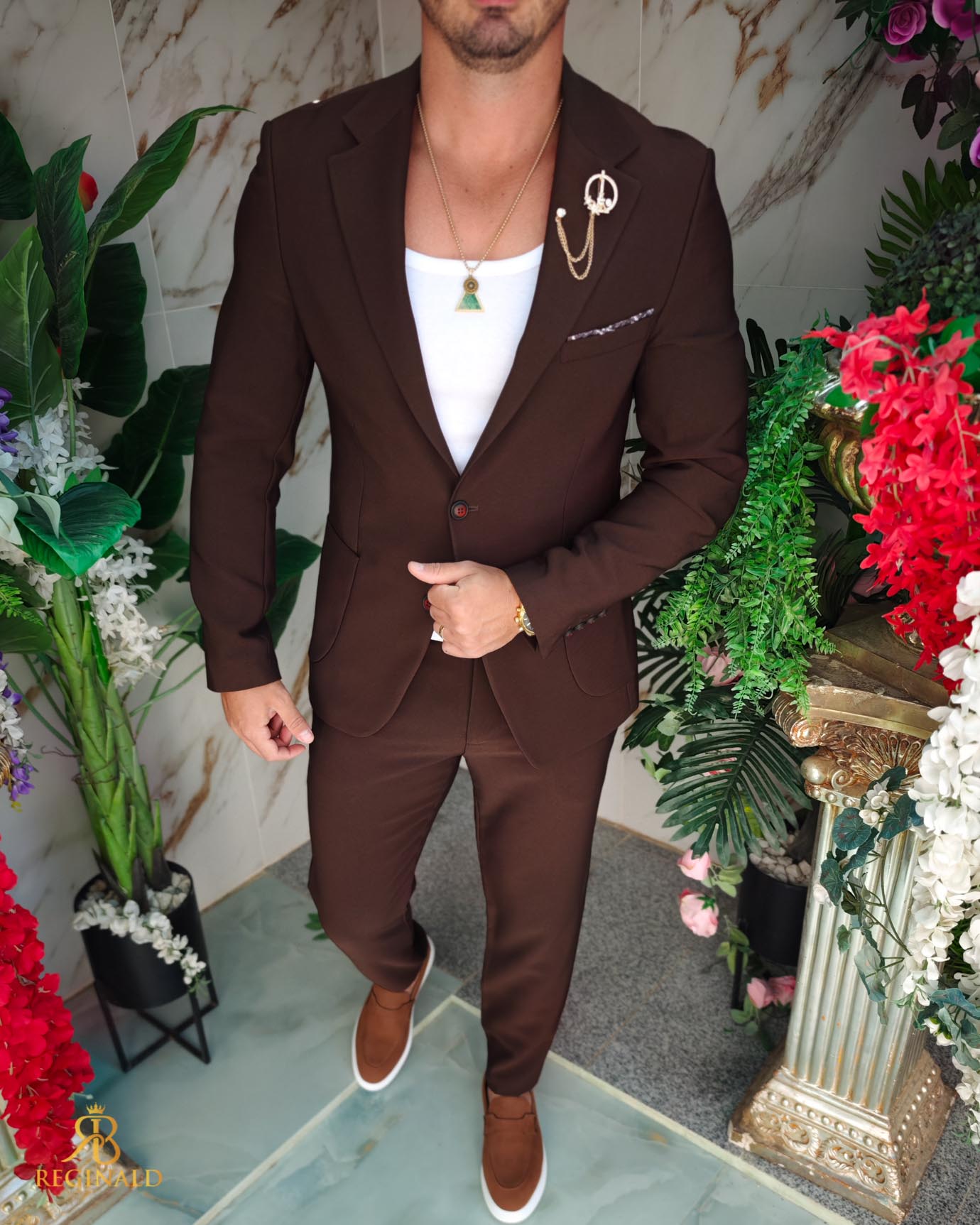 Costum de bărbați, Maro, elastic: Sacou si Pantalon cu snur - C5211 - imagine 5