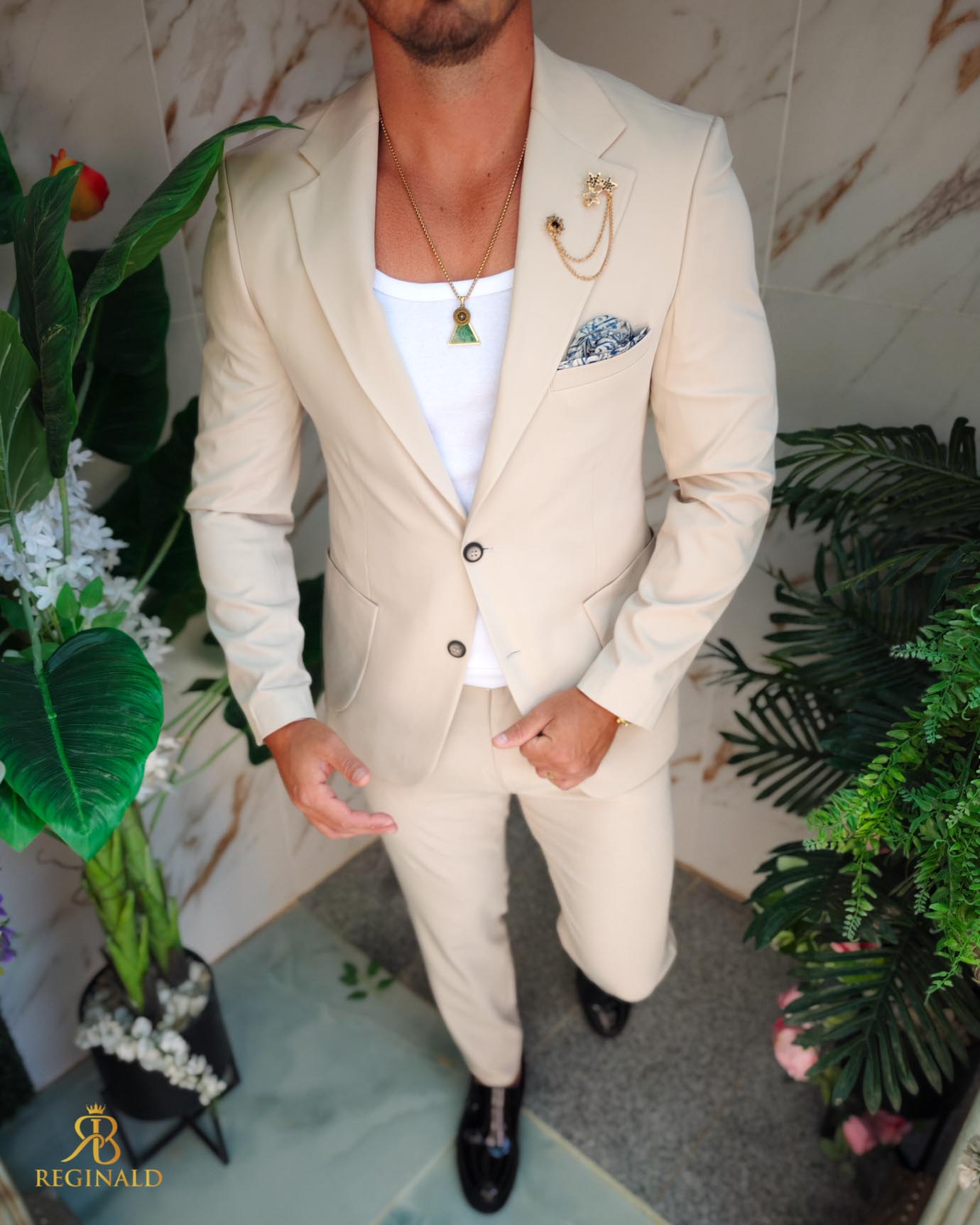 Costum de bărbați, Bej, elastic: Sacou si Pantalon cu snur - C5213 - imagine 2