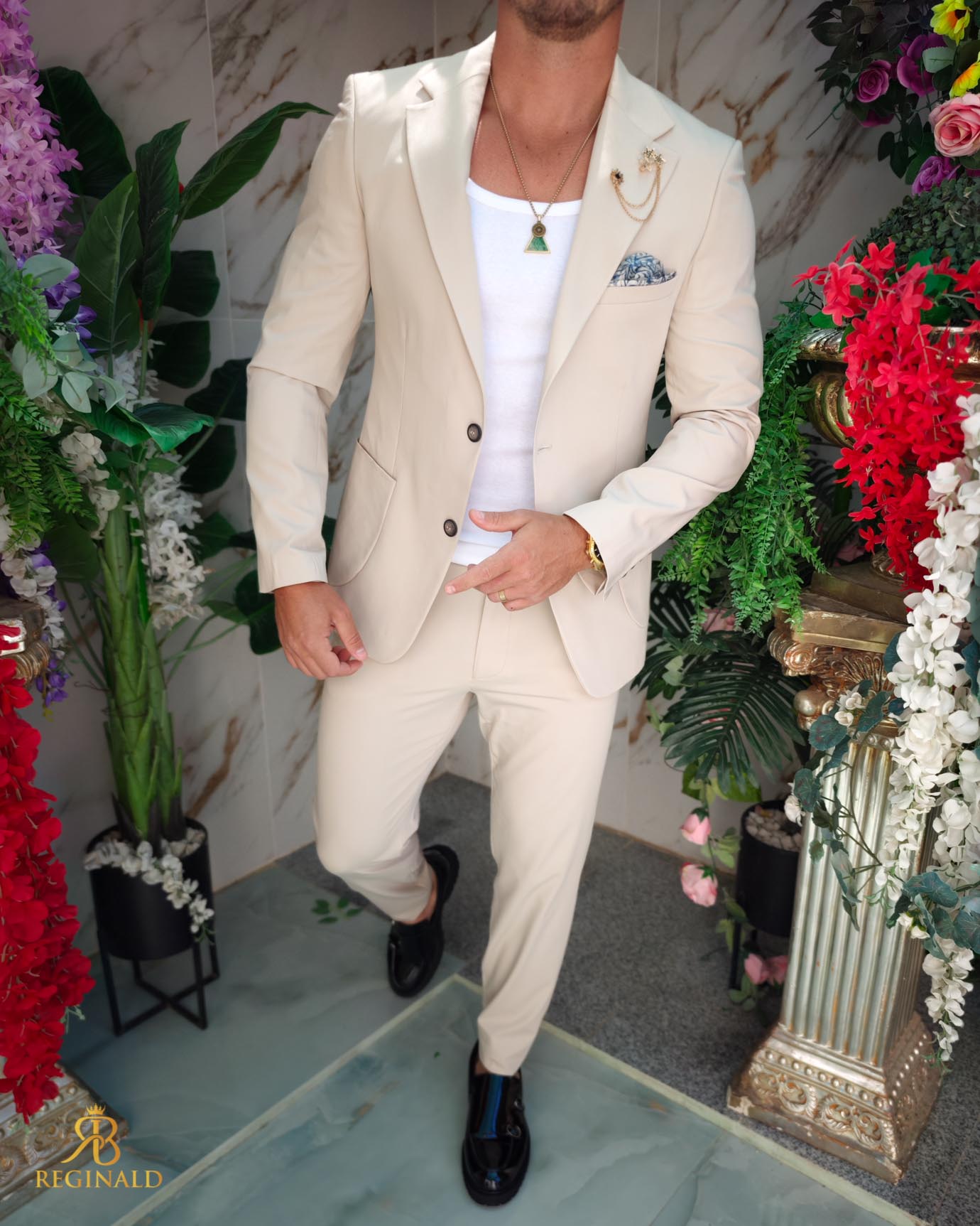 Costum de bărbați, Bej, elastic: Sacou si Pantalon cu snur - C5213 - imagine 3