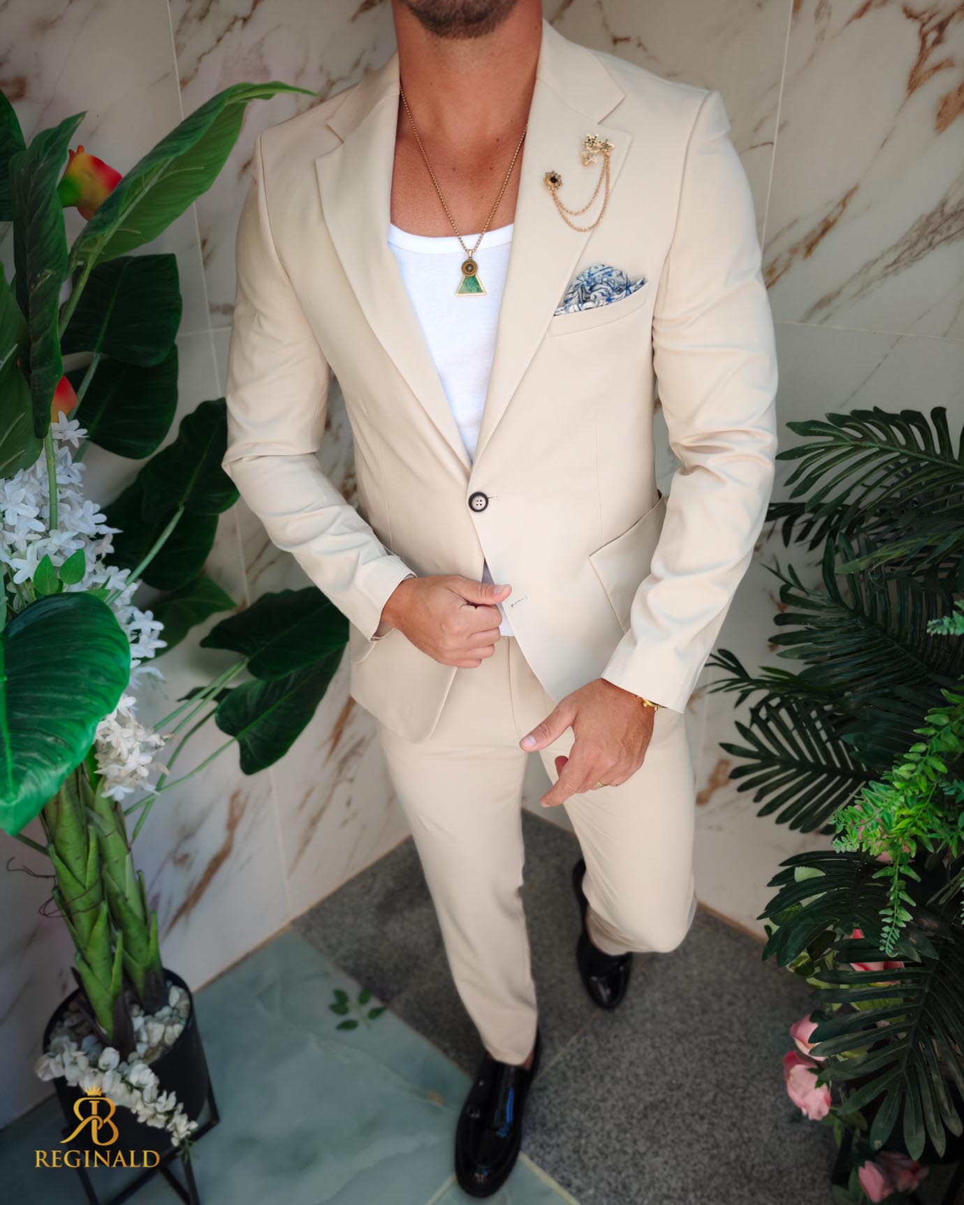 Costum de bărbați, Bej, elastic: Sacou si Pantalon cu snur - C5213 - imagine 4