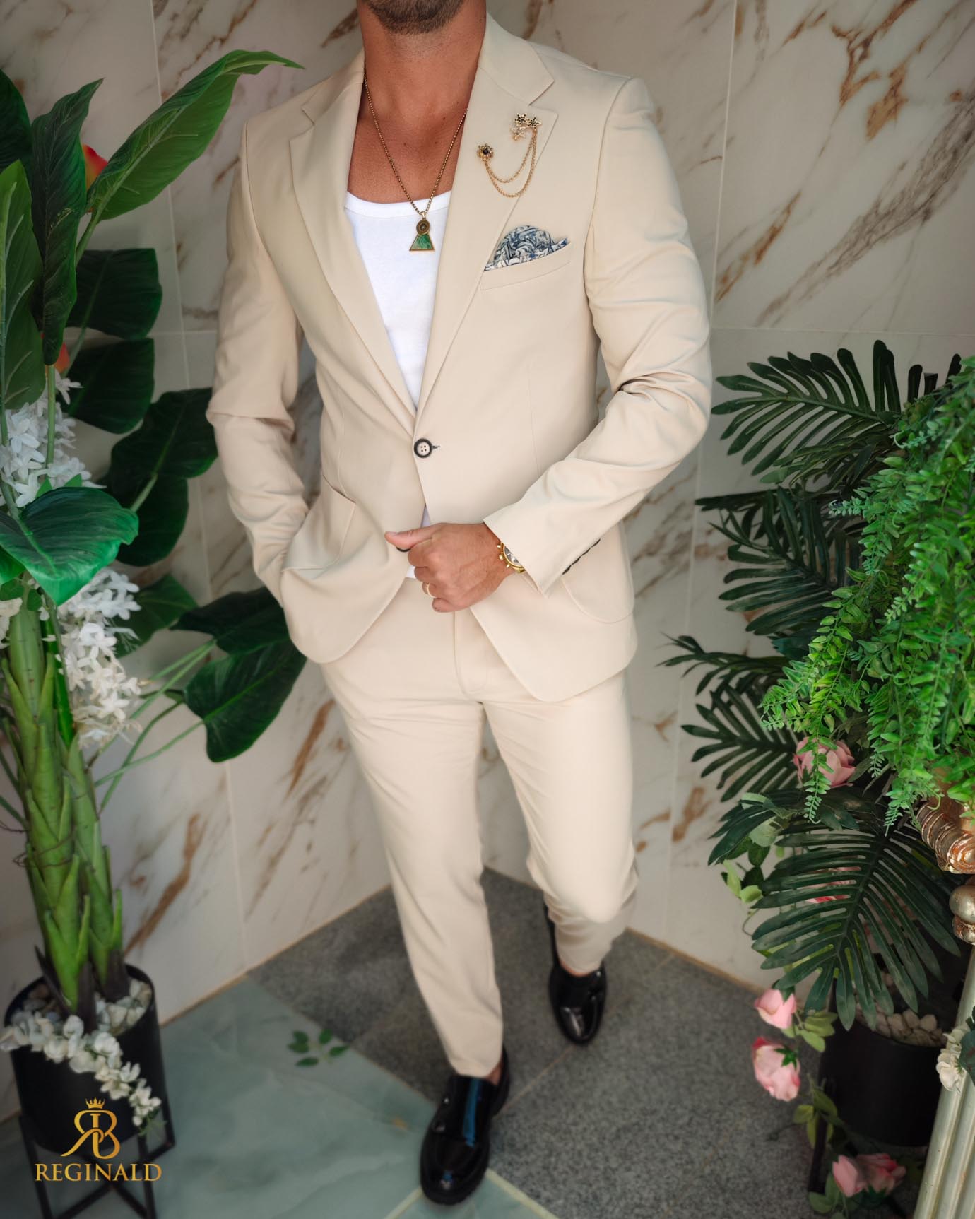 Costum de bărbați, Bej, elastic: Sacou si Pantalon cu snur - C5213 - imagine 5