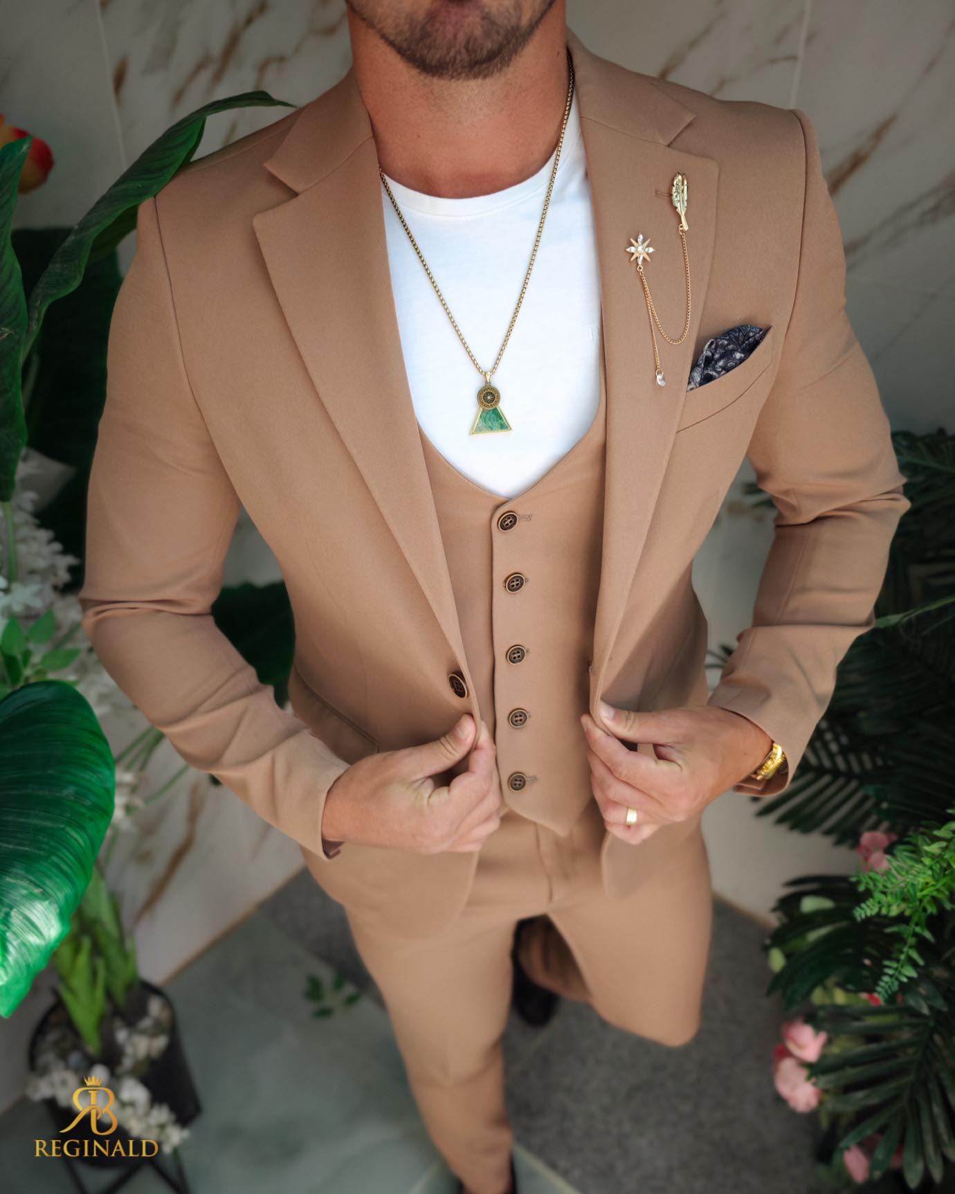 Costum de bărbați, Maro deschis: Sacou, Vesta si Pantalon- C5217 - imagine 5